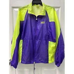 Vintage Asics Windbreaker Jacket Mens Medium Neon Yellow Purple Colorblock FLAWS